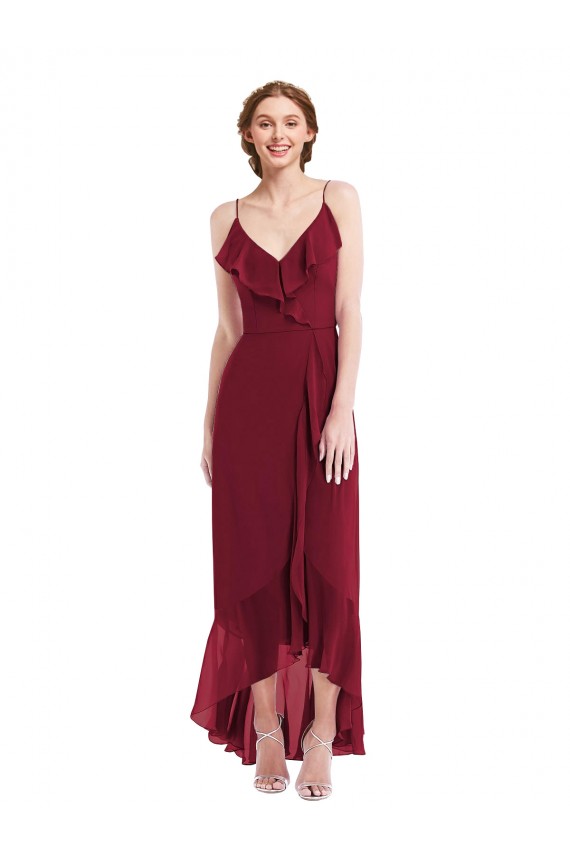 Cheap Ruffle Trimmed V-Neck High Low Wrap Chiffon Bridesmaid Dress UK