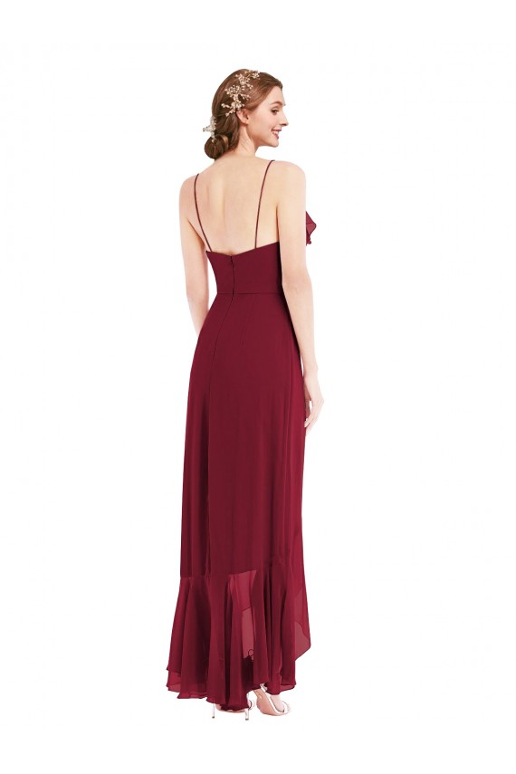 Cheap Ruffle Trimmed V-Neck High Low Wrap Chiffon Bridesmaid Dress UK