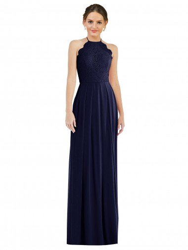 Cheap Tie Neck Lace Halter Pleated Skirt Maxi Bridesmaid Dress UK