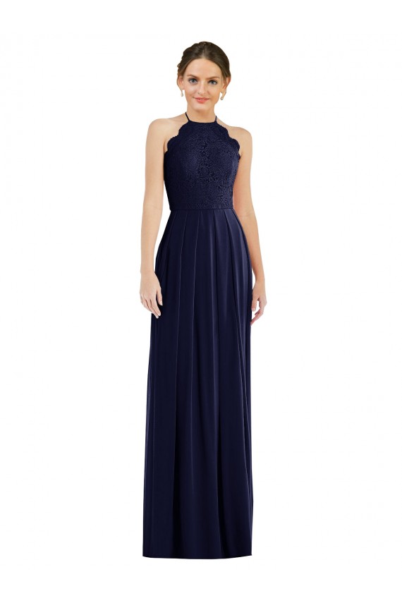 Cheap Tie Neck Lace Halter Pleated Skirt Maxi Bridesmaid Dress UK
