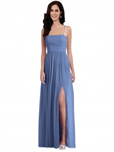Cheap Slim Spaghetti Straps Chiffon Bridesmaid Dress with Front Slit UK