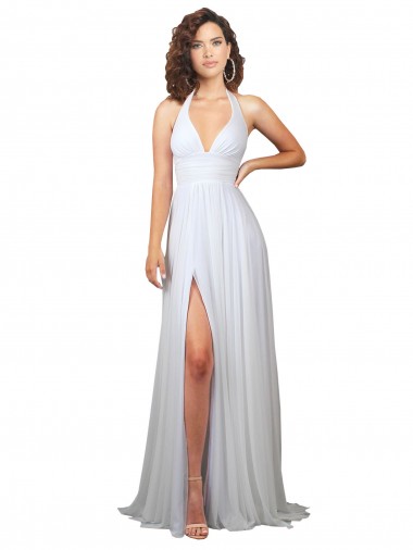 Cheap Halter Plunge V-Neckline Chiffon Dress with High Leg Split UK