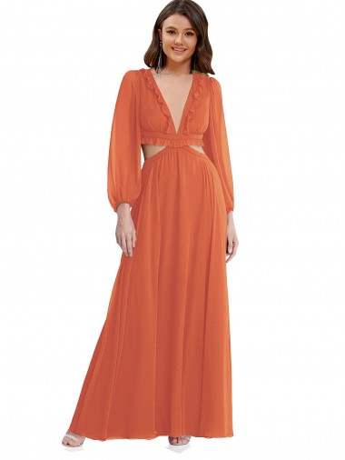 Cheap High Low Ruffled Long Chiffon Cutout Bishop Sleeves Maxi Bridesmaid Dress UK