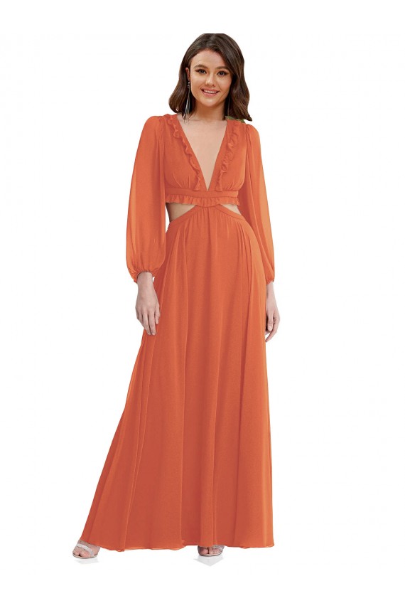 Cheap High Low Ruffled Long Chiffon Cutout Bishop Sleeves Maxi Bridesmaid Dress UK