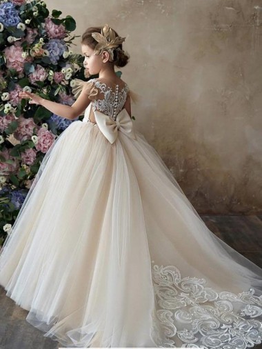 Cheap Champagne Ball Gown Sweetheart Chapel Train Sleeveless Flower Girl Dress UK