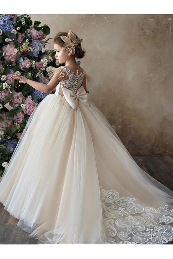 Cheap Champagne Ball Gown Sweetheart Chapel Train Sleeveless Flower Girl Dress UK