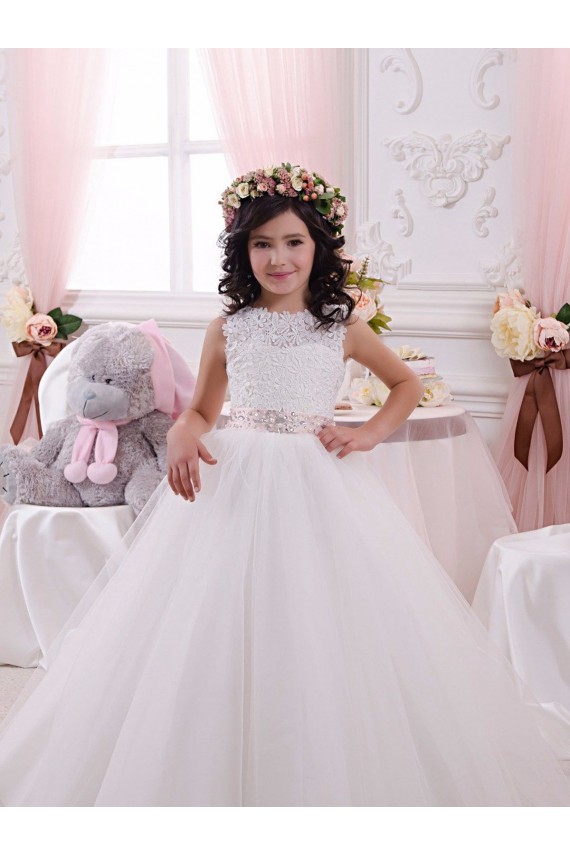 Cheap Ivory Ball Gown Bateau Chapel Train Sleeveless Flower Girl Dress UK