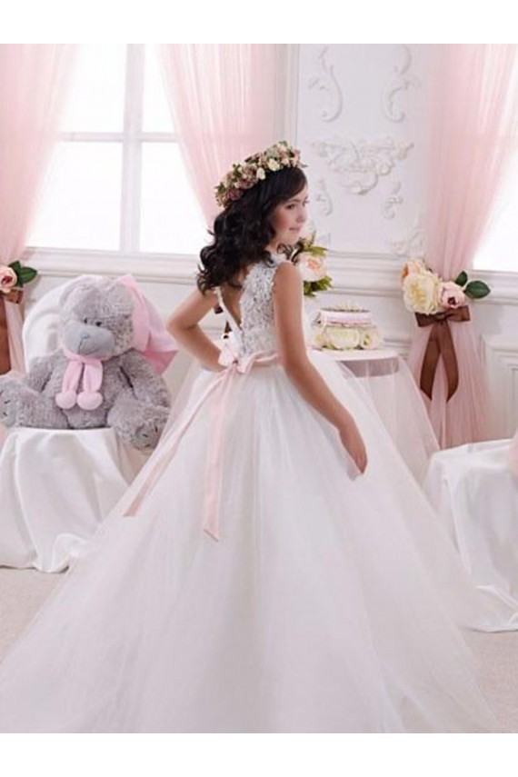 Cheap Ivory Ball Gown Bateau Chapel Train Sleeveless Flower Girl Dress UK