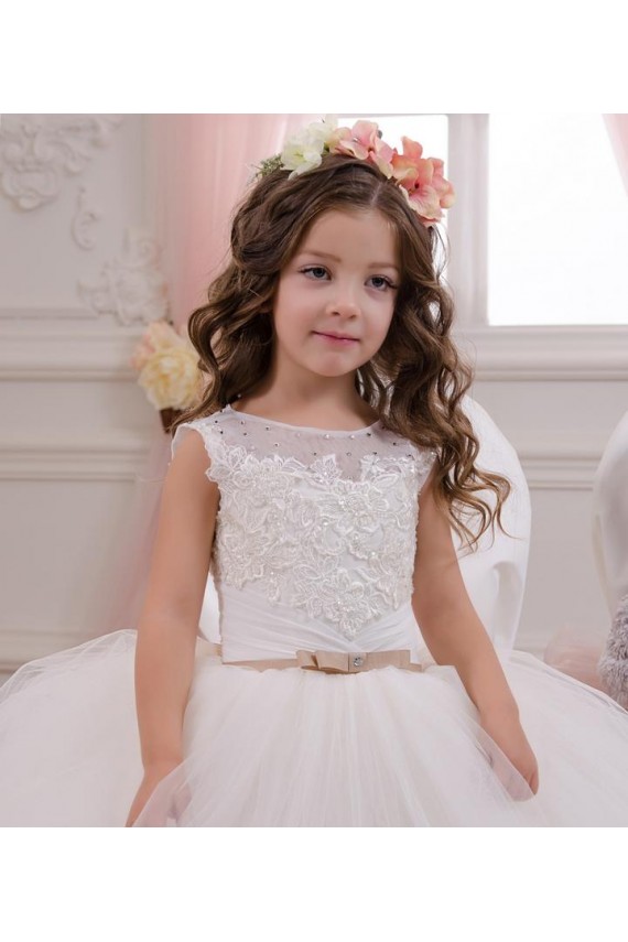 Cheap Ivory Ball Gown Bateau Neck Chapel Train Sleeveless Flower Girl Dress UK