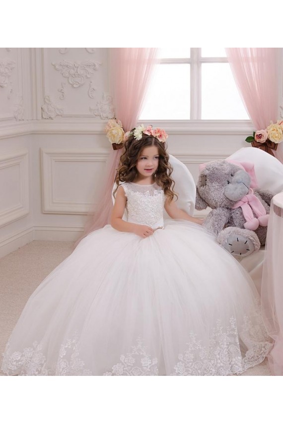 Cheap Ivory Ball Gown Bateau Neck Chapel Train Sleeveless Flower Girl Dress UK