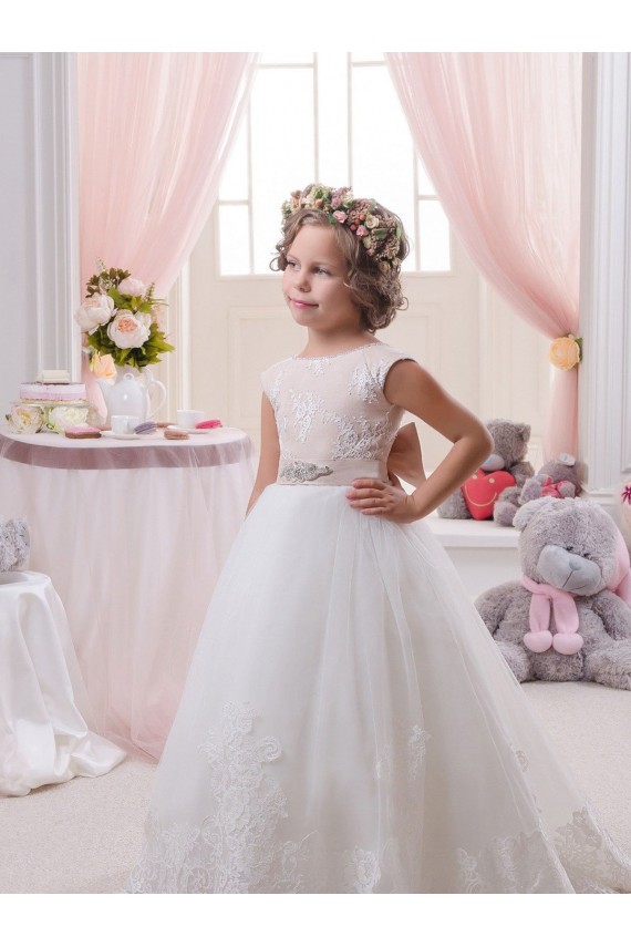 Cheap Ivory Ball Gown Bateau Neck Chapel Train V-Back Flower Girl Dress UK