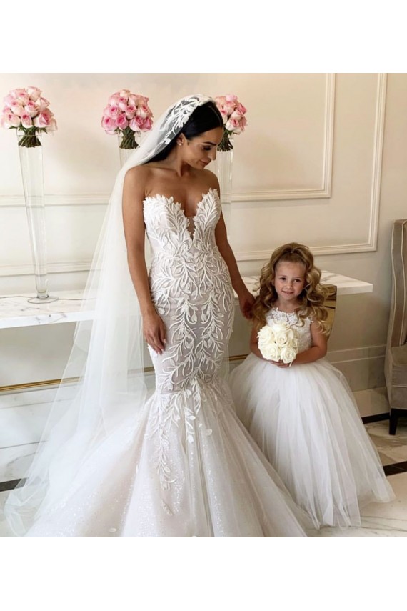 Cheap Ivory Ball Gown Chapel Train Sleeveless Flower Girl Dress UK