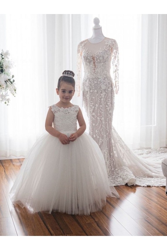 Cheap Ivory Ball Gown Chapel Train Sleeveless Flower Girl Dress UK