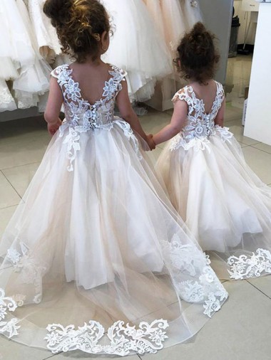 Cheap Ivory Ball Gown Chapel Train Sleeveless V-Back Flower Girl Dress UK
