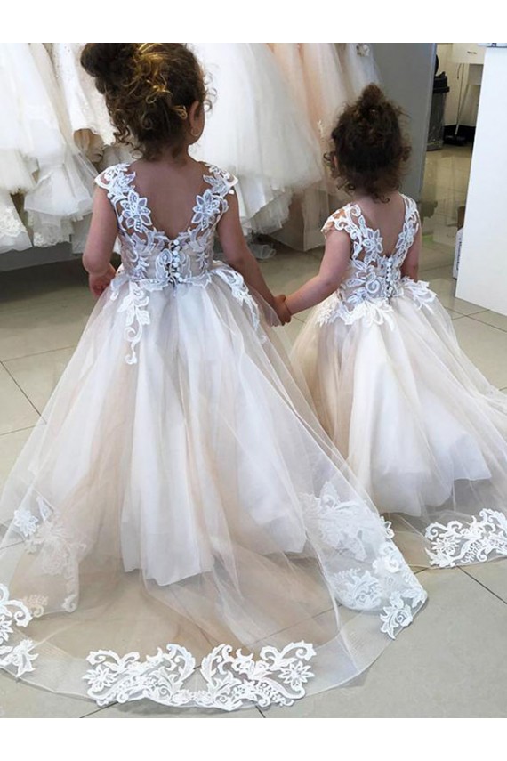 Cheap Ivory Ball Gown Chapel Train Sleeveless V-Back Flower Girl Dress UK