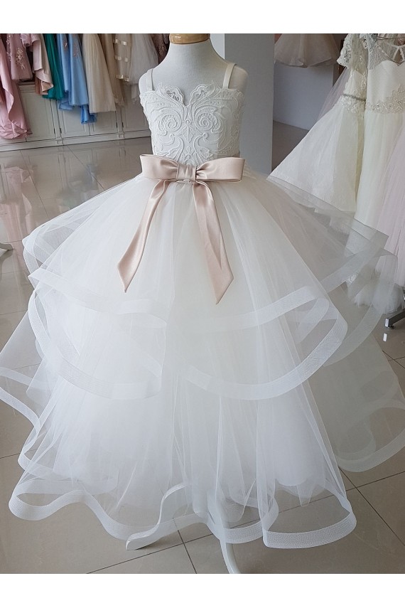 Cheap Ivory Ball Gown High Neck Floor Length Flower Girl Dress UK