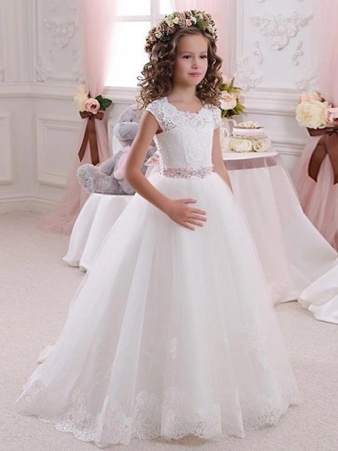 Cheap Ivory Ball Gown High Neck Floor Length Keyhole Back Flower Girl Dress UK