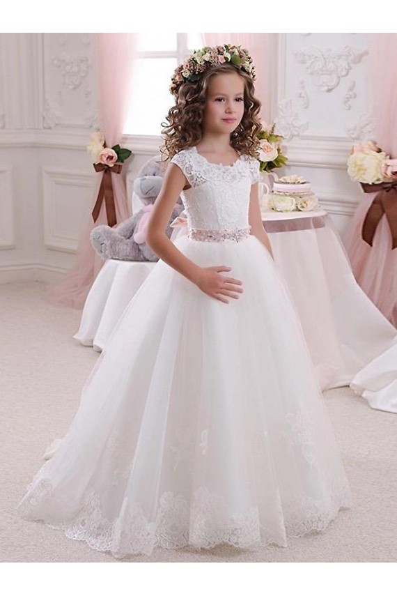 Cheap Ivory Ball Gown High Neck Floor Length Keyhole Back Flower Girl Dress UK