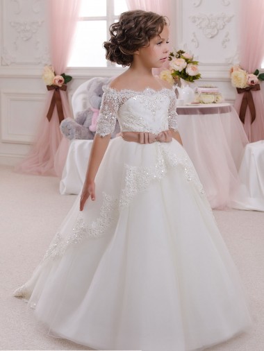 Cheap Ivory Ball Gown High Neck Floor Length Short Sleeve Flower Girl Dress UK