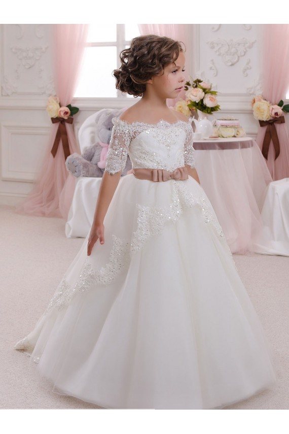 Cheap Ivory Ball Gown High Neck Floor Length Short Sleeve Flower Girl Dress UK