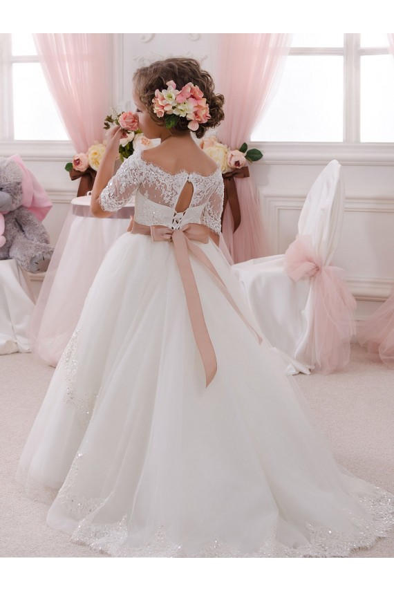 Cheap Ivory Ball Gown High Neck Floor Length Short Sleeve Flower Girl Dress UK