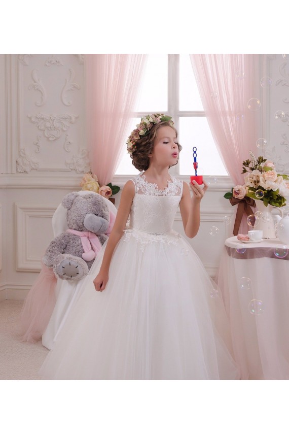 Cheap Ivory Ball Gown High Neck Floor Length Sleeveless Flower Girl Dress UK