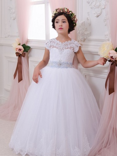 Cheap Ivory Ball Gown Sweetheart Chapel Train Cap Sleeve Flower Girl Dress UK
