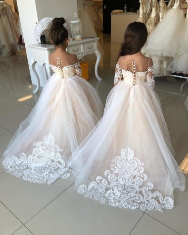 Cheap Ivory Ball Gown Sweetheart Chapel Train Long Sleeve Flower Girl Dress UK