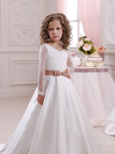 Cheap Ivory Ball Gown V-Neck Chapel Train Long Sleeve Flower Girl Dress UK