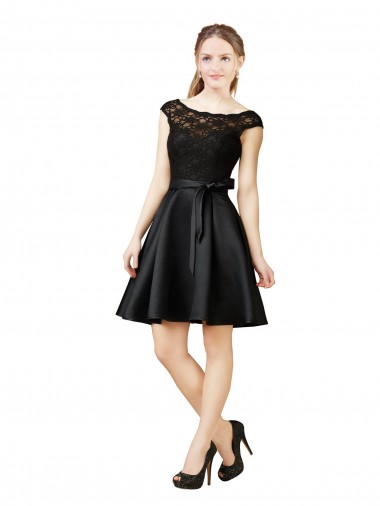 Cheap Lace and Satin Cocktail Bridesmaid Dress with V-Back UK