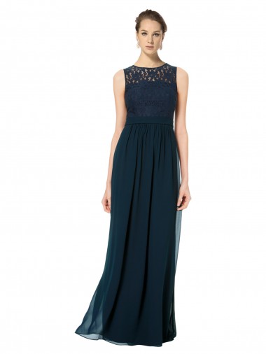 Cheap Long Chiffon Bridesmaid Dress with Lace Sleeveless Bodice and Keyhole Back UK