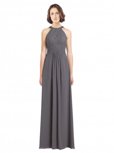 Cheap Long Chiffon Bridesmaid Dress with Corded Lace Bodice UK