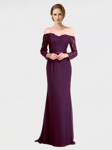 Cheap Full Length Long Bridesmaid Dress with Lace Off The Shoulder Bodice UK