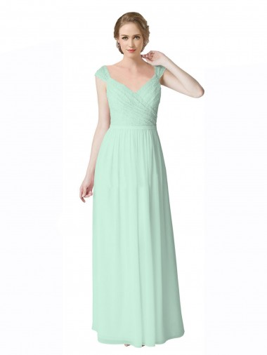 Cheap Long Chiffon Bridesmaid Dress with Corded Lace V-Neck Bodice UK