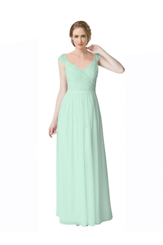 Cheap Long Chiffon Bridesmaid Dress with Corded Lace V-Neck Bodice UK