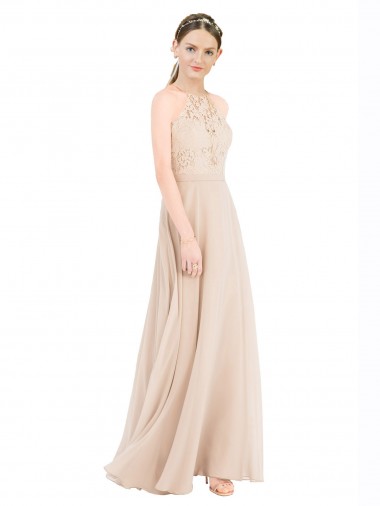 Cheap High Halter Neck Illusion Lace Bridesmaid Dress / Prom Dress with Chiffon Skirt and Keyhole Back UK