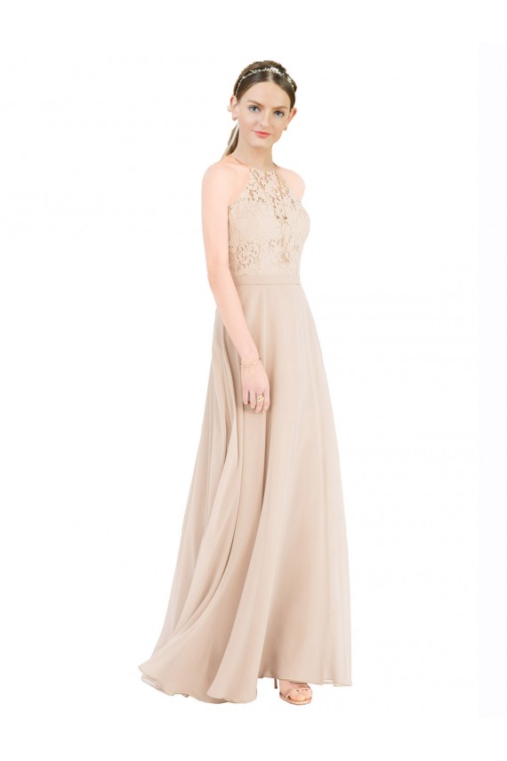 Cheap High Halter Neck Illusion Lace Bridesmaid Dress / Prom Dress with Chiffon Skirt and Keyhole Back UK