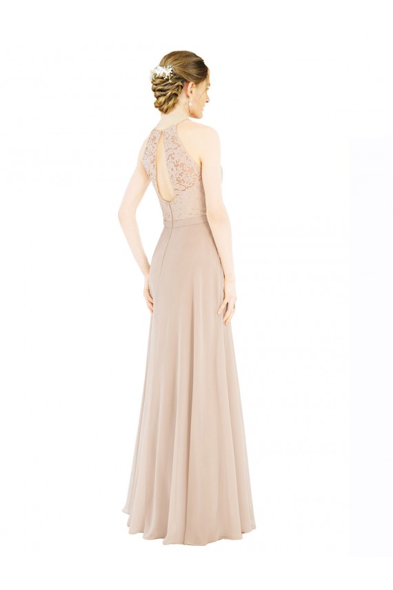 Cheap High Halter Neck Illusion Lace Bridesmaid Dress / Prom Dress with Chiffon Skirt and Keyhole Back UK