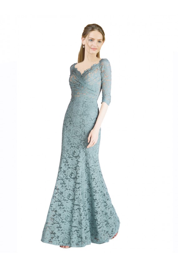 Cheap Half Sleeves Pleated Lace Bridesmaid Dress / Prom Dress with Wrap-Around Portrait Neckline UK