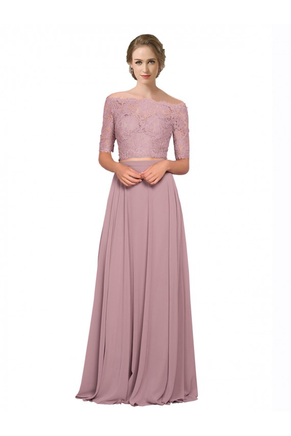Cheap Off the Shoulder Lace Crop Top A-Line Chiffon Bridesmaid Dress / Prom Dress UK