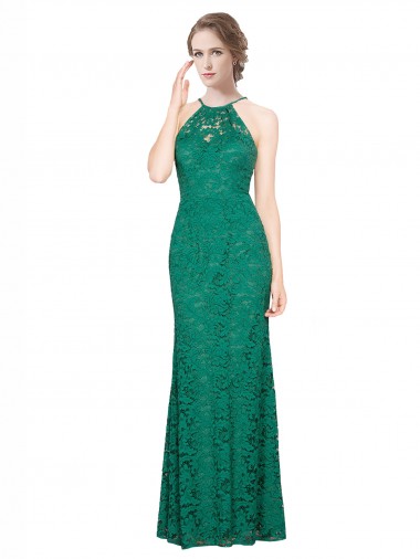 Cheap High Illusion Halter Neck Long Lace Bridesmaid Dress / Prom Dress UK