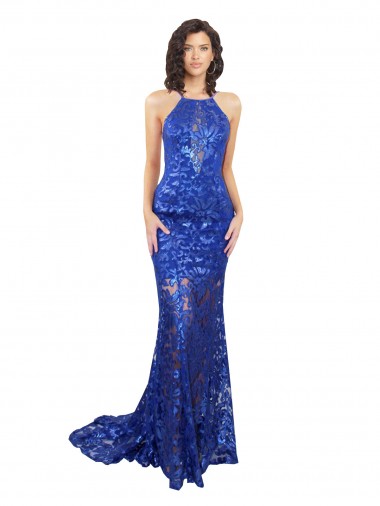 Cheap High Neck Long Open Back Lace Bridesmaid Dress / Prom Dress with Train UK