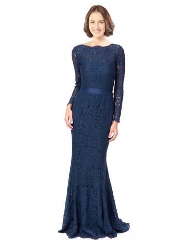 Cheap Long Sleeves Floor Length Vintage Lace Bridesmaid Dress with Deep V-Back UK
