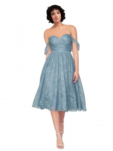Cheap Off the Shoulder Sweetheart Chantilly Lace Midi Length Cocktail Bridesmaid Dress UK