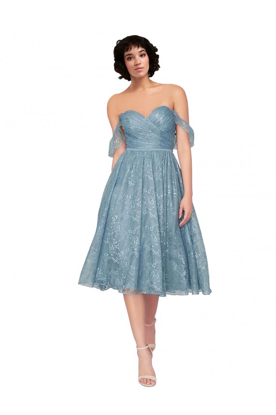 Cheap Off the Shoulder Sweetheart Chantilly Lace Midi Length Cocktail Bridesmaid Dress UK