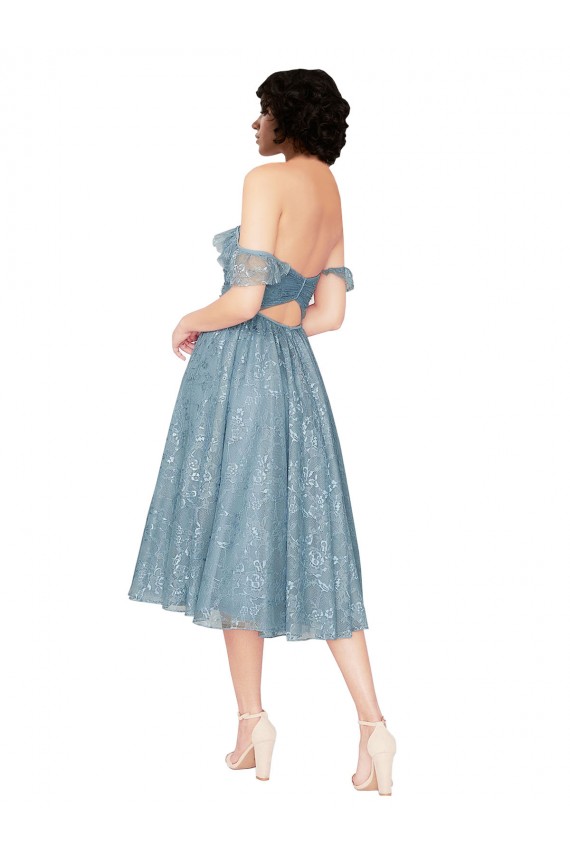 Cheap Off the Shoulder Sweetheart Chantilly Lace Midi Length Cocktail Bridesmaid Dress UK