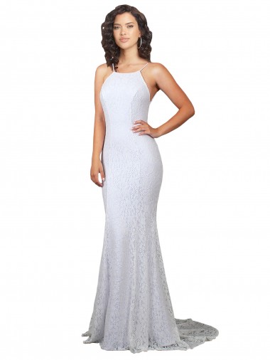 Cheap High Neck Backless Lace Wedding Dress with Plunging Low Back UK
