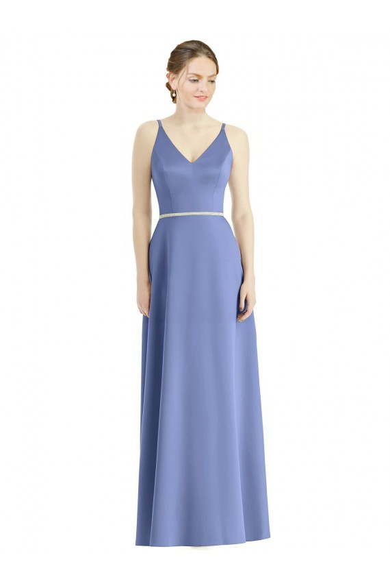 Cheap Long Floor Length V-Neck Satin Bridesmaid Dress with Spaghetti Straps UK