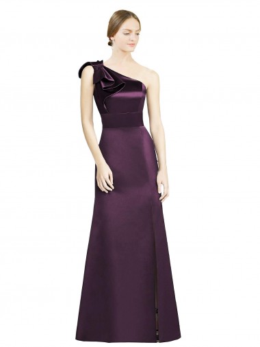 Cheap Full Length One Shoulder Satin Bridesmaid Dress with Bow Shoulder Detail UK