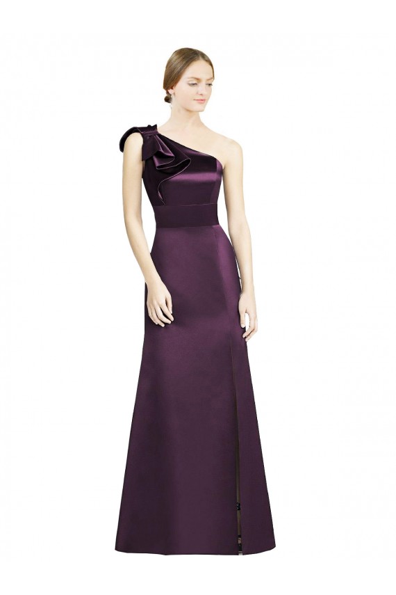 Cheap Full Length One Shoulder Satin Bridesmaid Dress with Bow Shoulder Detail UK